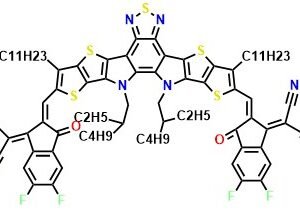 Y6 (Y6-EH-4F) 2,2'-((2Z,2'Z)-((12,13-Bis(2-ethylhexyl)-3,9-diundecyl-12,13-dihydro-[1,2,5]thiadiazolo[3,4-e]thieno-[2",3":4',5']thieno[2',3':4,5]pyrrolo[3,2-g]thieno-[2',3':4,5]thieno[3,2-b]indole-2,10-diyl)bis(methanylylidene))-bis(5,6-difluoro-3-oxo-2,3-dihydro-1H-indene-2,1-diylidene))dimalononitrile