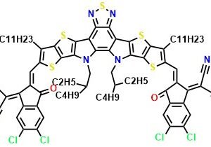 Y6-EH-4Cl 2,2’-((2Z,2’Z)-((12,13-Bis(2-ethylhexyl)-3,9-diundecyl-12,13-dihydro-[1,2,5]thiadiazolo[3,4-e]thieno-[2”,3’’:4’,5’]-thieno[2’,3’:4,5]pyrrolo[3,2-g]thieno-[2’,3’:4,5]thieno[3,2-b]-indole-2,10-diyl)bis(methanylylidene))-bis(5,6-dichloro-3-oxo-2,3-dihydro-1H-indene-2,1-diylidene))dimalononitrile