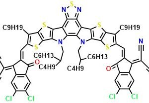 BTP-eC9 2,2'-((2Z,2'Z)-((12,13-bis(2-butyloctyl)-3,9-dinonyl-12,13-dihydro-[1,2,5]thiadiazolo[3,4-e]thieno[2'',3'':4',5']thieno[2',3':4,5]pyrrolo[3,2-g]thieno[2',3':4,5]thieno[3,2-b]indole-2,10-diyl)bis(methanylylidene))bis(5,6-dichloro-3-oxo-2,3-dihydro-1H-indene-2,1-diylidene))dimalononitrile